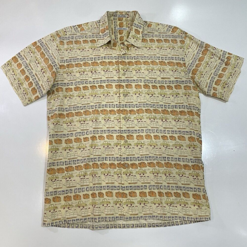 Burma Bibas Men’s Travel Shirt Retro Transport Print 60 Singles Lawn Cotton Sz M